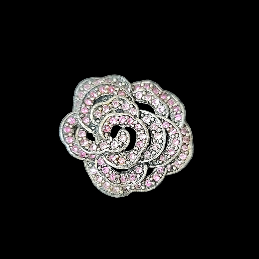 Vintage Silvertone Flower Brooch Pin with Pink Rhinestones 1.5" x 1.5 "0